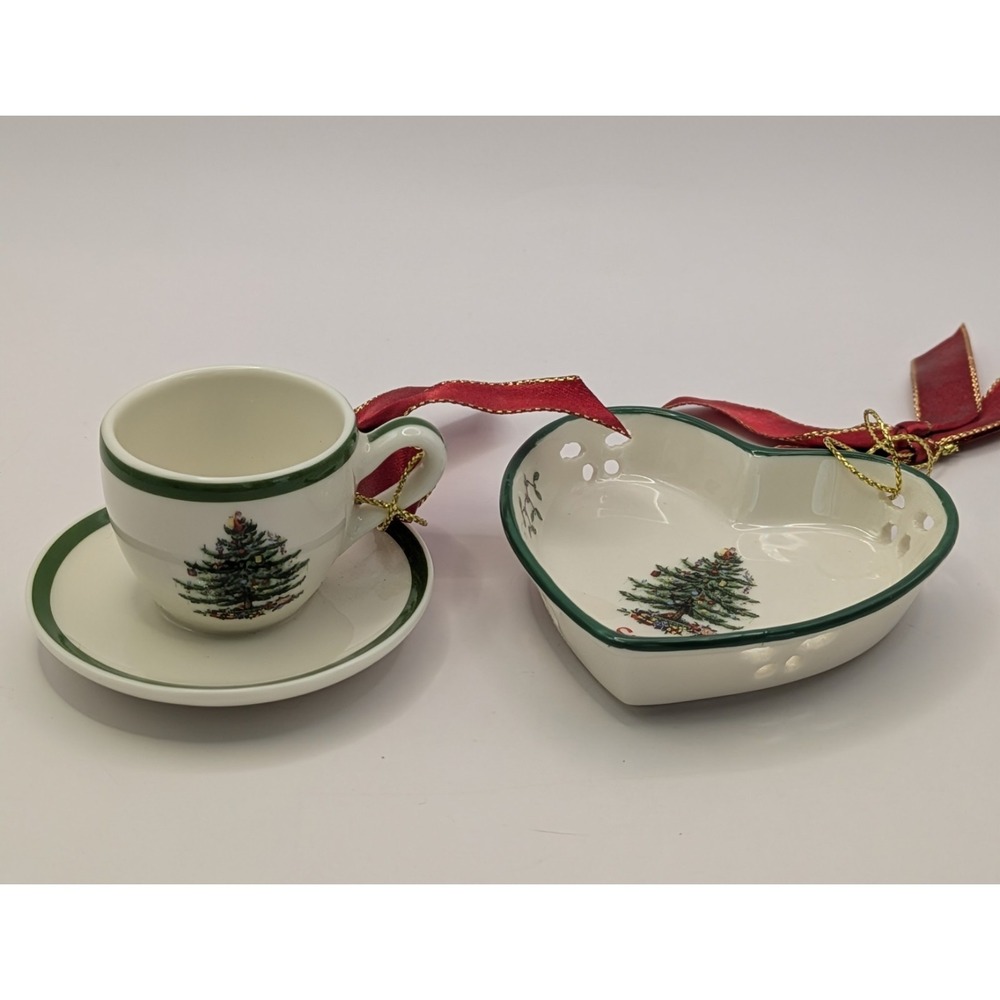 Spode Christmas Tree‎ Teacup Saucer And Heart Shaped Dish Ornaments